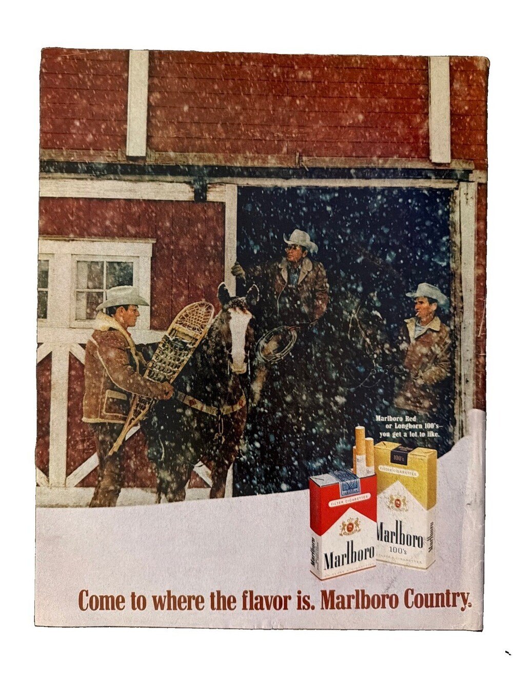 1970 Marlboro Cigarettes Print Ad Snow Red Barn Cowboys Horses Snow Smoking VTG